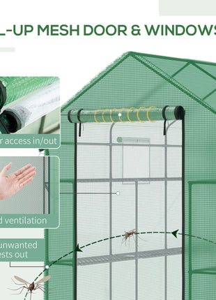 7' x 5' x 6' Walk-in Greenhouse for Outdoors with Mesh Door and Windows, 18 Shelf Hot House with Trellis, Plant Labels, UV Protective for Growing Flowers, Herbs, Vegetables, Saplings, Green