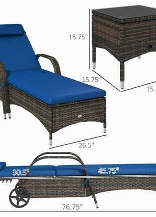 Patio Wicker Chaise Lounge Chair Set of 2 with Table, Adjustable Backrest, Wheels, Cushion & Headrest, Blue