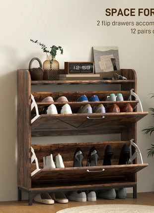 Shoe Cabinet Organizer with 2 Flip Drawers, Legs, Narrow Shoe Storage Cabinet for Entryway, Hallway, Rustic Brown