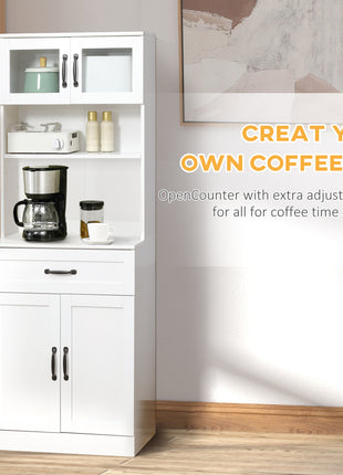 Freestanding Kitchen Pantry, 4-Door Buffet Cabinet with Hutch, Coffee Bar with Adjustable Shelves, 63.5 Inches, White