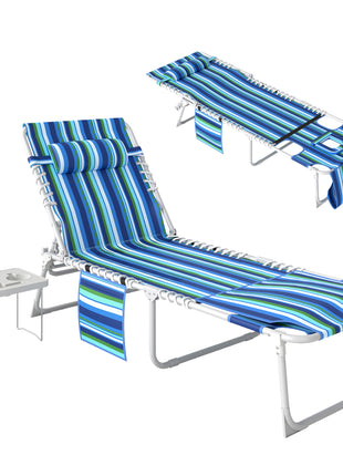 Tanning Chair with Face Hole and Side Table, 5-Position Folding Outdoor Chaise Lounge Chair, Blue Stripe