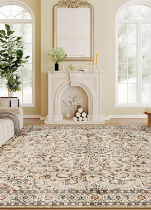 Area Rug 5x7, Machine Washable Rug, Non-Slip Classical Floral Print Floor Carpet for Living Room, Bedroom, Mixed-Brown