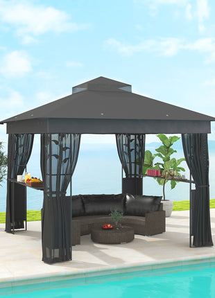10' x 10' Outdoor Gazebo with Shelves and Netting, UV30+ Double Roof Patio Gazebo for Lawn, Backyard and Deck