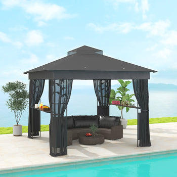 10' x 10' Outdoor Gazebo with Shelves and Netting, UV30+ Double Roof Patio Gazebo for Lawn, Backyard and Deck
