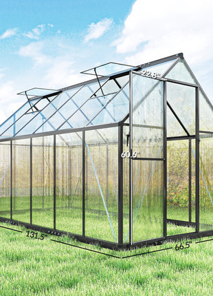 Polycarbonate Greenhouse with Swing Door and Two Adjustable Roof Vents, Aluminum Walk-in Greenhouse, 11x6 ft, Black