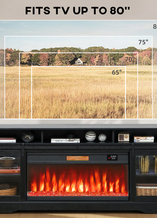 Fireplace TV Stand for TVs Up to 80 Inch, TV Console with Electric Fireplace, Open Storage and Side Cabinets, Black
