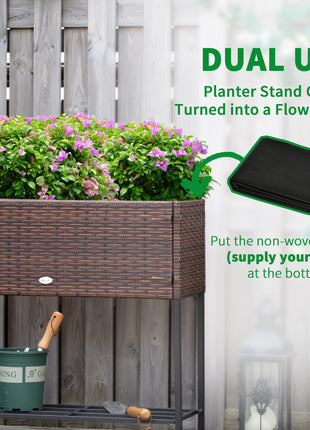 Raised Garden Bed, Elevated Planter Box with Rattan Wicker Look, Tool Storage Shelf, Portable Design for Herbs, Vegetables, Flowers, Brown