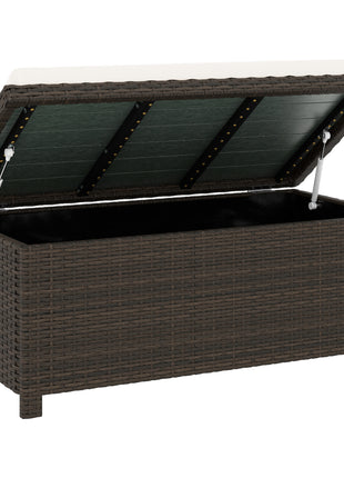 Outdoor Wicker Storage Bench with Storage & Cushion, Cream White