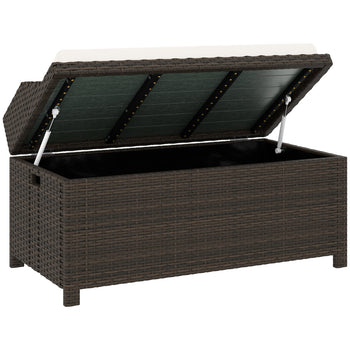 Outdoor Wicker Storage Bench with Storage & Cushion, Cream White