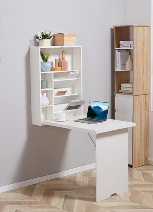 Wall Mounted Fold Out Convertible Desk, Multi-Function Floating Desk with Storage Shelf for Home Office, White