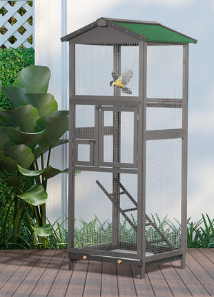 65" Wooden Bird Cage Outdoor Aviary House for Parrot, Parakeet, with Pull Out Tray and 2 Doors, Grey