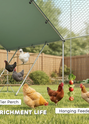 Metal Chicken Run w/ Waterproof & Anti-UV Cover, Feeding Door, Hanging Feeder, for 18-24 Chickens, 9.8' x 19.7' x 6.4'