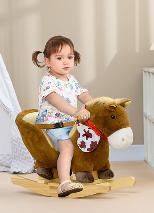 Baby Rocking Horse, Riding Horse, Plush Animal Rocker with Realistic Sound, Pedals for Ages 18-36 Months, Brown