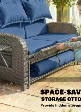 Patio Rattan Daybed, Wicker Outdoor Daybed with Storage Ottoman, Loveseat w/ Adjustable Backrest, Navy Blue