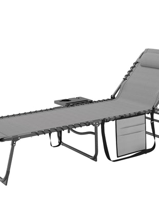 Folding Outdoor Chaise Lounge Chair Tanning Chair with 5-Level Adjustable Back, Side Table, Pillow, Pocket, Gray