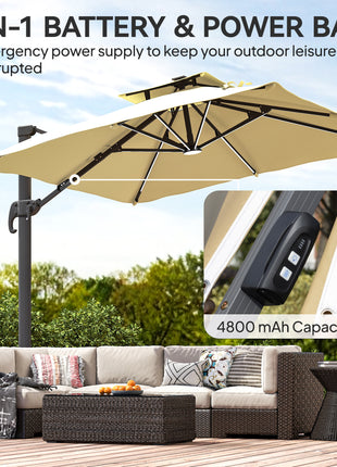 10ft. Solar LED Cantilever Umbrella, Offset Hanging Umbrella with 360°Rotation, Cross Base, 8 Ribs, Tilt and Crank for Yard, Khaki