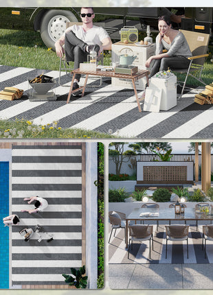 Reversible Outdoor Rug, 9' x 18' Waterproof Plastic Straw Floor Mat, Portable RV Camping Carpet, Large Floor Mat for Backyard, Deck, Picnic, Beach, Gray & White Striped