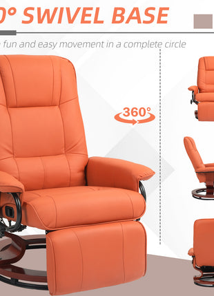 Faux Leather Recliner Chair, Swivel Recliner with Footrest, Armrest and Wood Base for Living Room, Orange