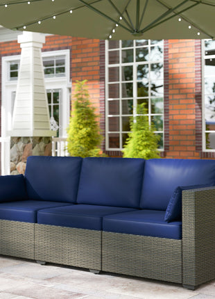 Patio Couch PE Wicker Deep Seating Outdoor Sofa with Removable Cushions, 3 Seater Rattan Sofa, Outdoor Furniture for Balcony, Deck, Garden and Poolside, Navy Blue
