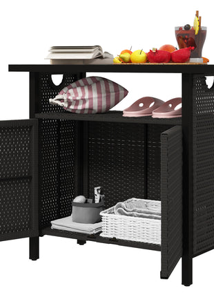 Outdoor Pool Towel Storage Cabinet Organizer, Outdoor Bar Table with Shelf and Cabinet, Pool Towel Holder Pool Valet with Weather-Resistant PE Rattan and Steel Frame, Espresso