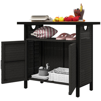 Outdoor Pool Towel Storage Cabinet Organizer, Outdoor Bar Table with Shelf and Cabinet, Pool Towel Holder Pool Valet with Weather-Resistant PE Rattan and Steel Frame, Espresso
