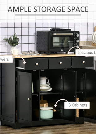 Kitchen Storage Cabinet, Sideboard Floor Cupboard with Solid Wood Top, Adjustable Shelf, and 3 Drawers, Black