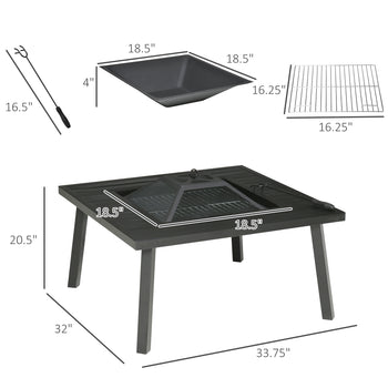 34" Fire Pit with Grill, Metal Outdoor Wood Burning Firepit with Spark Screen, Fire Poker, Cover, Table Lip, Black