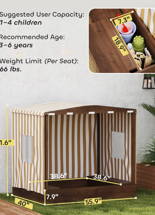 Kids Wooden Sandbox with Canopy Fully Covered, 2 Bench Seats, Bottom Liner, 56" x 40" x 52", Brown