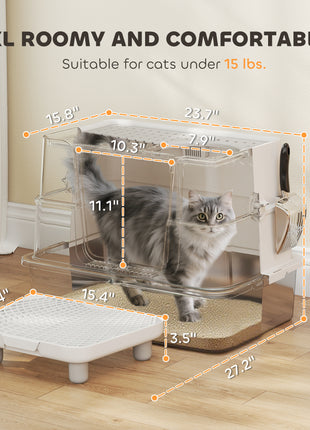 XL Stainless Steel Litter Box w/ 100° Flip Top, Scoop, Step, Top & Side Entry Enclosed Litter Box for Big Cats
