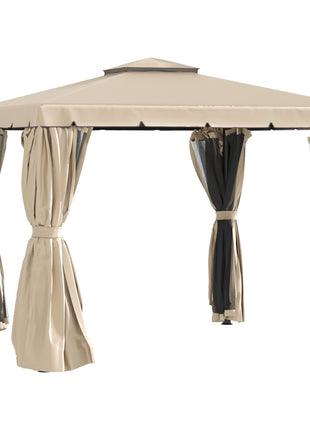  10' x 10' Patio Gazebo, Aluminum Frame Double Roof Outdoor Gazebo Canopy Shelter with Netting & Curtains, for Garden, Lawn, Backyard and Deck, Khaki