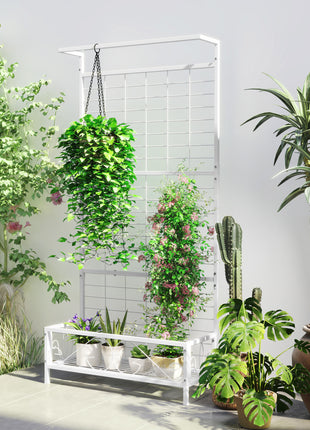 Metal Tall Plant Stand with Trellis and Hanging Bar, Plant Holder for Indoor Outdoor Use, 35" x 12.8" x 74", White