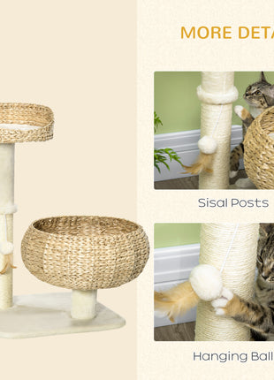 28" Elevated Cat Bed with Sisal Scratching Post for Indoor Kitties, Modern Cat Tree with Cute Basket Design, Small Cat Tree with Fun Ball Toy
