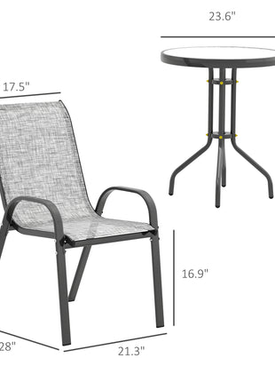 3 Pieces Bistro Set, Small Patio Furniture Set with Stackable Chairs and Glass Table for Backyard, Balcony, Gray