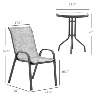 3 Pieces Bistro Set, Small Patio Furniture Set with Stackable Chairs and Glass Table for Backyard, Balcony, Gray