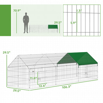 Metal Chicken Coop with Cover for Backyard Small Animals Duck Rabbit, 106" x 29.5" x 29.5", Green