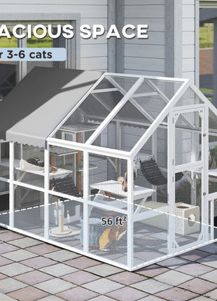 Wooden Catio Outdoor Cat Enclosure with Waterproof Cover, 2 Condos, 6 Platforms, Bridge, Doors, White