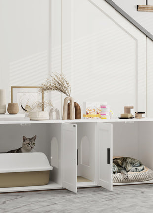 Cat Litter Box Enclosure with Double Room, Scratching Mat for 2 Cats, 57" x 19" x 20", White