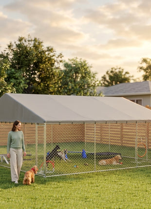 Heavy Duty Outdoor Dog Kennel with Waterproof Roof, Secure Latch, Chain Link Dog Run for Backyard, 19.7' x 19.7' x 8.9'