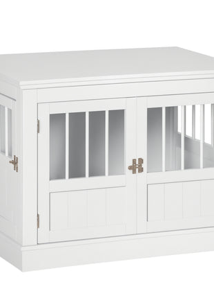 Wooden Dog Crate End Table, Dog Crate Furniture with Triple Doors, Puppy Crate for Small Dogs Indoor Use, White