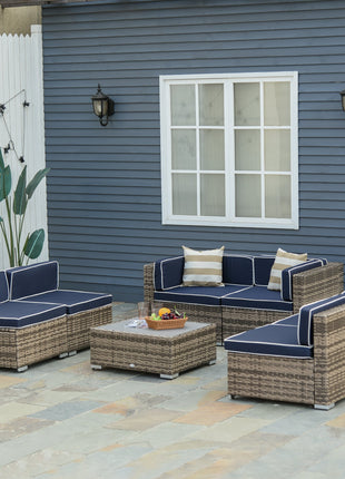7-Piece Outdoor Wicker Patio Sofa Set, Modern Rattan Conversation Furniture Set with Cushions, Pillows and Tea Table - Blue