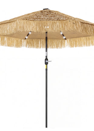 9 ft Hula Thatched Tiki Patio Umbrella with LED Solar Light, Outdoor Umbrella with Crank, Tilt, UPF30+, Khaki