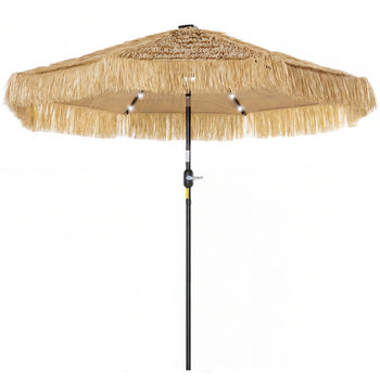 9 ft Hula Thatched Tiki Patio Umbrella with LED Solar Light, Outdoor Umbrella with Crank, Tilt, UPF30+, Khaki