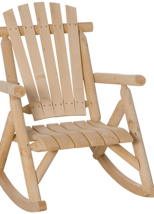 Outdoor Wooden Rocking Chair, Single-Person Rustic Adirondack Rocker with Slatted Seat, High Backrest, Armrests for Patio, Garden and Porch, Natural