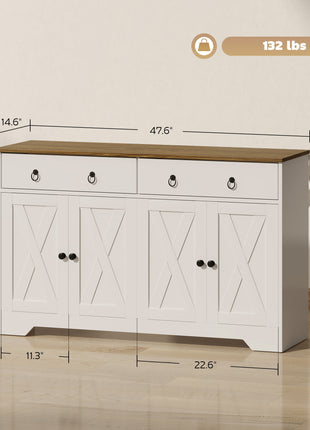 Kitchen Storage Sideboard, Farmhouse Buffet Cabinet with Barn Style Doors, Drawers, Adjustable Shelves, White