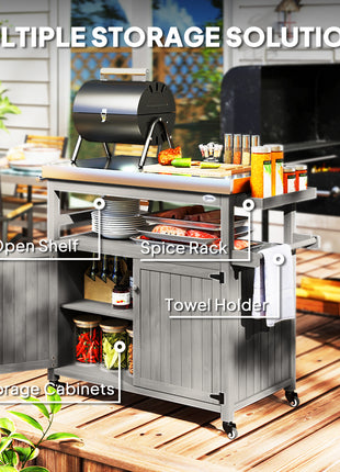 Outdoor Grill Cart w/ Stainless Steel Top, Solid Wood Outdoor Kitchen Island w/ Wheels, Storage Cabinets, Gray