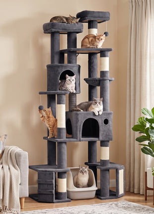 79" Extra Large Cat Tree Tower with Dual Baseboard for Large Adult Big Cats, Dark Gray