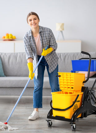 2 x 6.9 Gallon Mop Water Bucket Wringer Cart with Easy to Use Side Press Wringer, Smooth Wheels, Mop-Handle Holder
