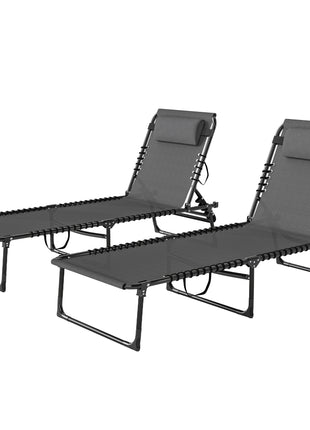 2 Folding Chaise Lounge Pool Chairs with 4-Position Reclining Back, Pillow, Breathable Mesh & Bungee Seat, Gray