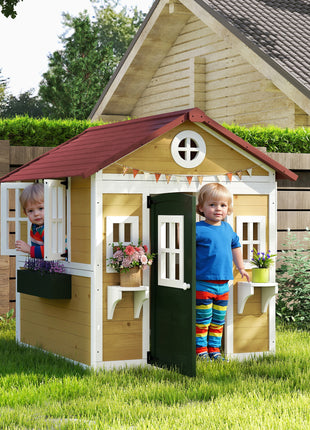 Wooden Playhouse for Kids Outdoor with Doors, Windows, Planter Pots and Boxes for Toddlers 3-8 Years, Beige