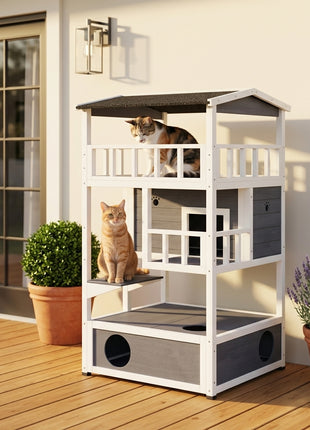 Wooden Outdoor Cat House, Feral Cat Shelter Kitten Condo with Asphalt Roof, Escape Doors, Condo, Jumping Platform, Gray